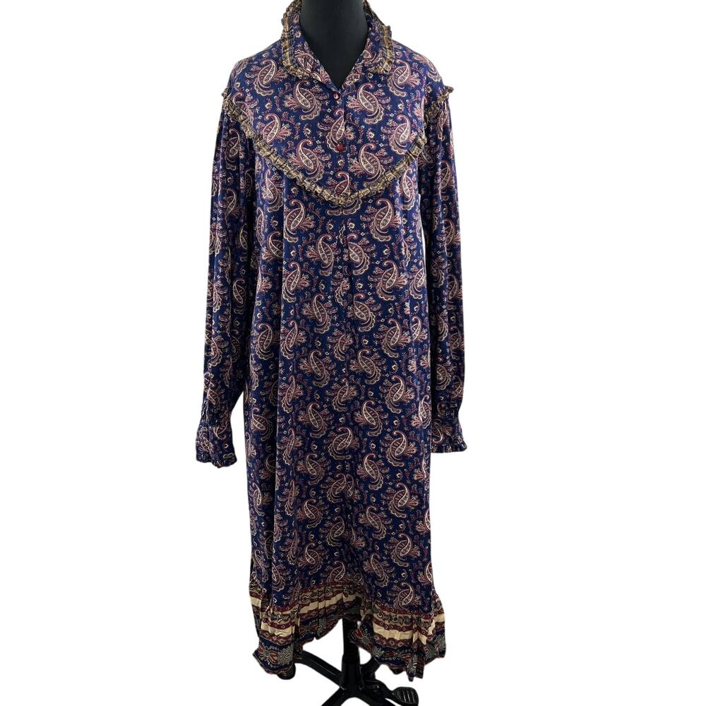 Vintage Blue Paisley Ruffle Long Sleeve Prairie Maxi Sleep Dress Gown L XL VTG
